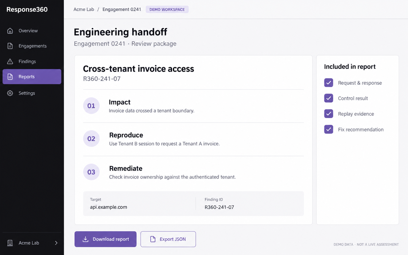 Response360 engineering handoff product screen