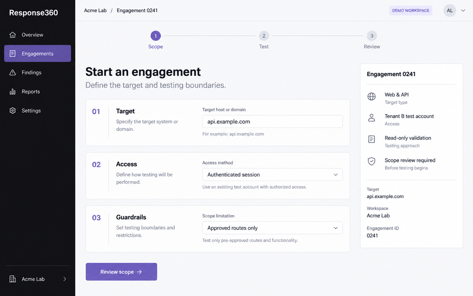 Response360 engagement scope product screen